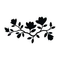 Elegant black silhouette of blooming flowers and leaves on a branch
