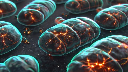 Microscopic dreamlike view inside living cell with glowing mitochondria as power plants recharging energy at night surreal biological landscape cellular detail, luminous organelles scientific wonder