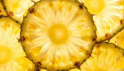 Close-up of pineapple sliced into rings with light shining through