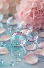 clear water droplets surrounded by soft pink flower petals