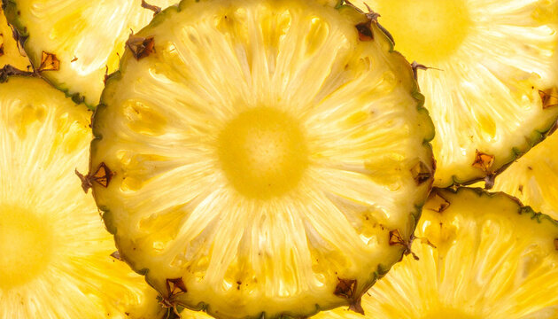 Close-up of pineapple sliced into rings with light shining through