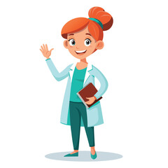 Cartoon female doctor with red hair waving