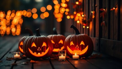 Fototapeta premium Glowing jack o lanterns and candles on a wooden deck with bokeh lights