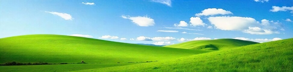 Serene vista of a rolling green hill landscape under a vibrant blue sky, bathed in soft sunlight  Perfect for travel, nature, and environmental themes ,  sun,  calm