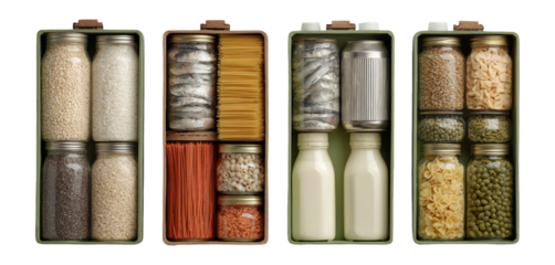 Versatile Organizers with Pasta, Grains, and Canned Goods in Transparent Boxes