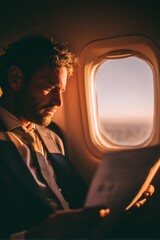 A business traveler looking at documents during a flight The city view is visible from the plane window The mood feels busy and forward-looking, Generative AI