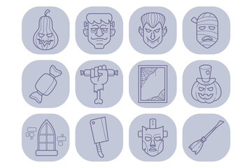 Variety of intricate line drawings depicting Halloween-themed icons, including pumpkins, monsters, candy, and spooky objects, perfect for decoration during Halloween celebration