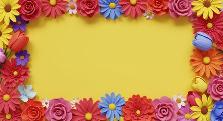 Fototapeta premium Floral border on a bright yellow background