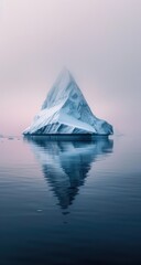 Arctic iceberg reflection, serene waters, misty dawn, climate change study