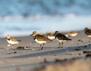 Obraz premium Shorebirds on a sandy beach at dawn