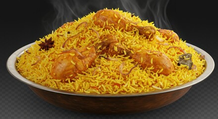 A closeup of a steaming bowl of chicken biryani garnished with fried onions and spices