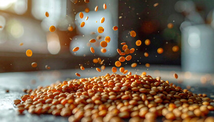 Vibrant red lentils falling against a blurred kitchen background