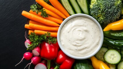 Fresh Colorful Vegetables and Creamy Dip for Healthy Snack or Meal Preparation