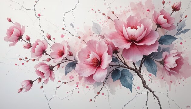 A delicate arrangement of blossoming pink flowers, with soft watercolor-like textures and muted tones, set against a textured background.