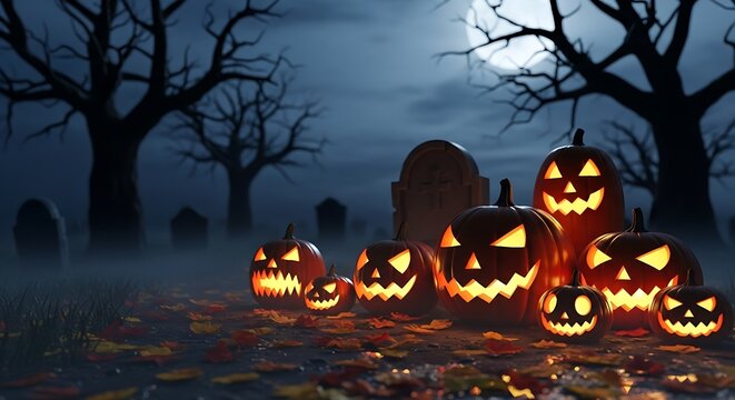 A spooky graveyard scene on Halloween night, with glowing jack-o'-lanterns and gnarled trees under a full moon