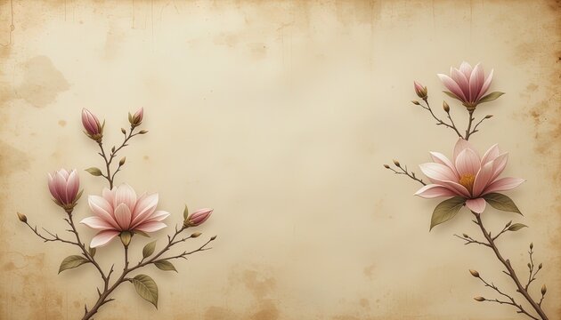 Delicate magnolia blossoms in muted pinks and creams grace a vintage-style backdrop of aged paper, evoking a tranquil and elegant spring mood.
