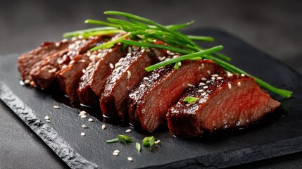 Juicy perfectly cooked beef steak slices with herbs and sea salt served on a black slate plate high-quality gourmet food presentation