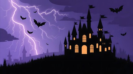 Spooky haunted castle silhouette against a dramatic purple sky with lightning and flying bats