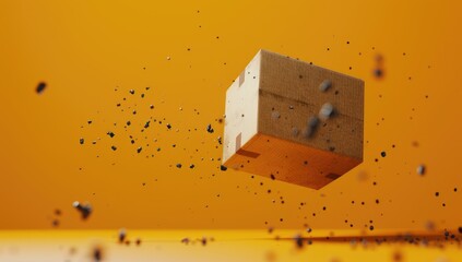 Cardboard cube levitating, particles flying, orange background, packaging concept