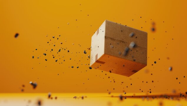 Cardboard cube levitating, particles flying, orange background, packaging concept