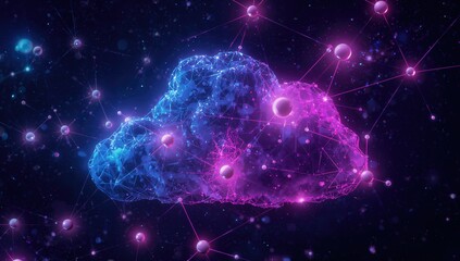 Obraz premium A luminous cloud composed of sparkling particles in shades of blue and purple against a dark cosmic background