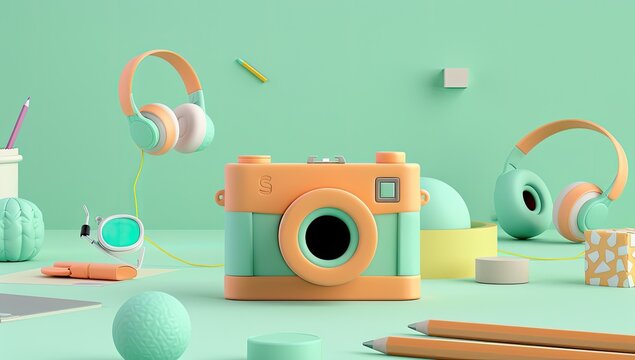 Pastel Camera & Headphones on Desk