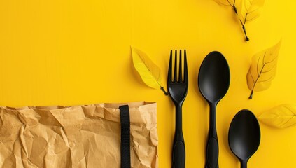 Autumnal takeout black cutlery, kraft bag, yellow leaves