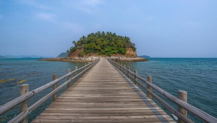 Naklejka premium A serene wooden pier extending towards a lush green island surrounded by clear blue waters under a sunny sky
