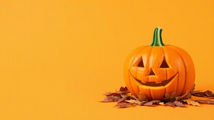 Carved halloween jack o lantern pumpkin with autumn leaves on orange background