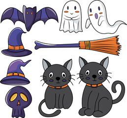 Happy Halloween set of elements, ghost, bat and cat. Vector is cute illustration in hand drawn style.
