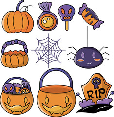 Happy Halloween set of elements pumpkin, candy and spider. Vector is cute cartoon illustration in hand drawn style.