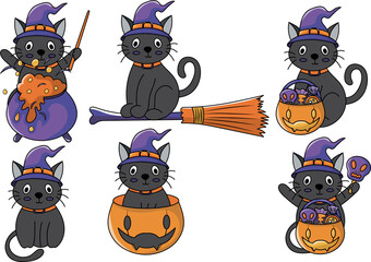 Halloween holiday cute cat element set.