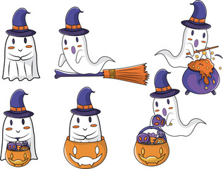 Halloween holiday cute ghost element set.