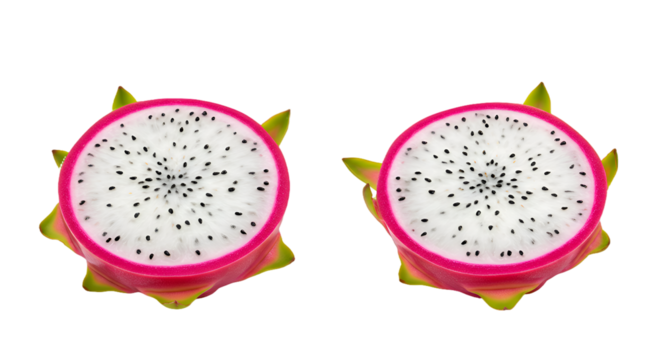 Two Halved Dragon Fruits with Vivid Pink Skin and White Flesh