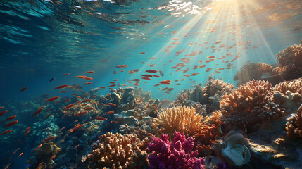 Obraz premium Sunlight streams through the ocean water illuminating a vibrant coral reef and school of fish