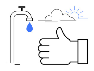 Faucet releasing droplet, thumbs-up gesture, cloud, and sun convey water conservation and environmental stewardship. Ideal for sustainability, eco-awareness, community action, water-saving