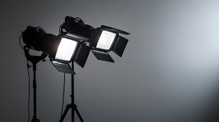 Studio lights on a gray background for photography and video production. Background illustration for studio banner.