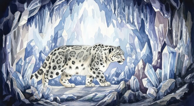 Luminous Journey of a Snow Leopard Through a Glittering Crystal Grotto