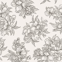 Elegant seamless pattern with peonies. Vintage style. Classic floral design perfect for wallpaper, textiles, and home decor. Line art  Black and white