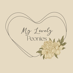 Greeting card in the shape of a heart with peonies. Natural beige colors.