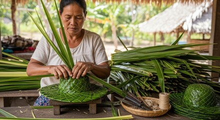 An artisan woman skillfully weaves a traditional hat from fresh green palm leaves at an outdoor workshop.