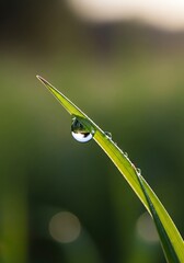 Delicate water droplet clinging to blade of grass illuminated by soft sunlight