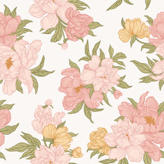 Seamless pattern with bouquets of pink peonies. Floral print.