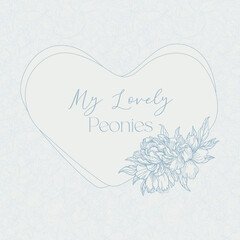 Delicate illustration of blue peony on a delicate floral background with a soft heart outline. Elegant and romantic design.