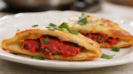 Close-Up of Hand-Painted Plate with Chilean Meat-Filled Pastries Adorned with Fresh Parsley, Traditional Culinary Art