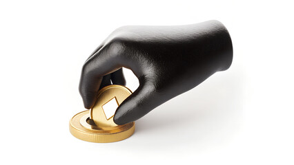 Black gloved hand holding golden coin on white background  