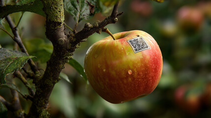 Fresh apple with QR code hanging on tree branch in orchard  