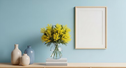 Yellow Flowers Bouquet on Shelf with Frame.