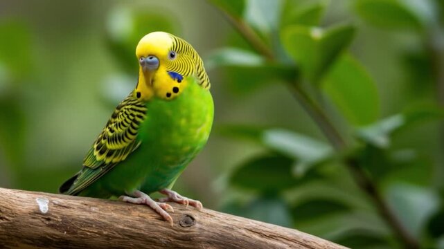 Budgerigar bird on branch perch captive parrot pet