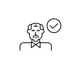 Senior man and checkmark. Verified profile, authentication and health checkup passed. Safe for seniors. Pixel perfect, editable stroke vector icon